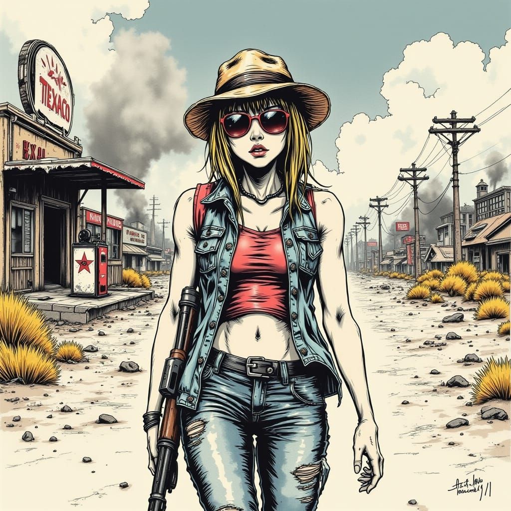 Hopeful Woman Walks Through Burning Cityscape