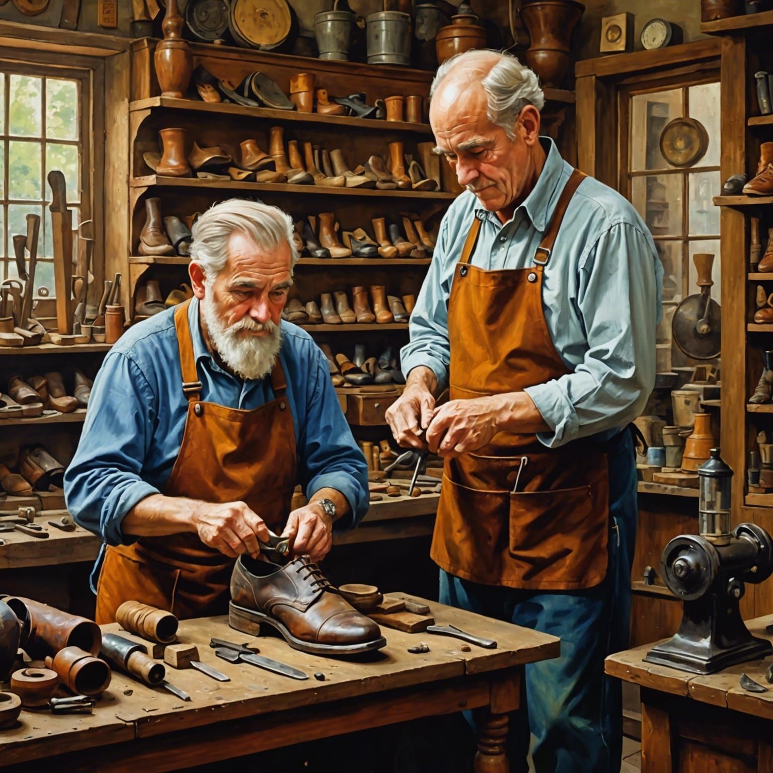 Shoemaker and Apprentice in Oil Painting Style