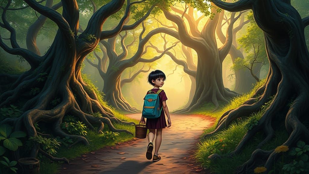 Young Girl Embarks on Whimsical Journey in Enchanted Forest
