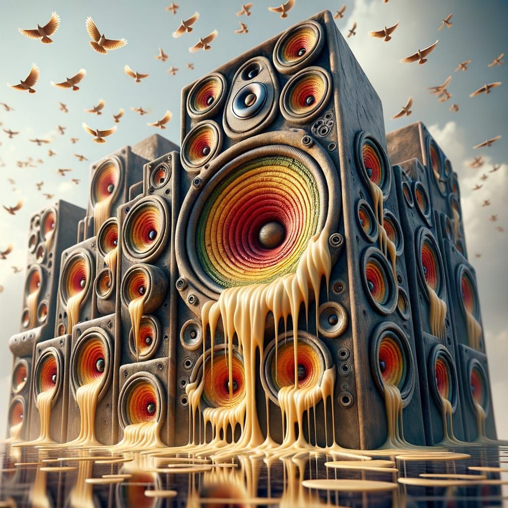 Imposing Wax Soundsystem with Melting Sculpture and Birds in...