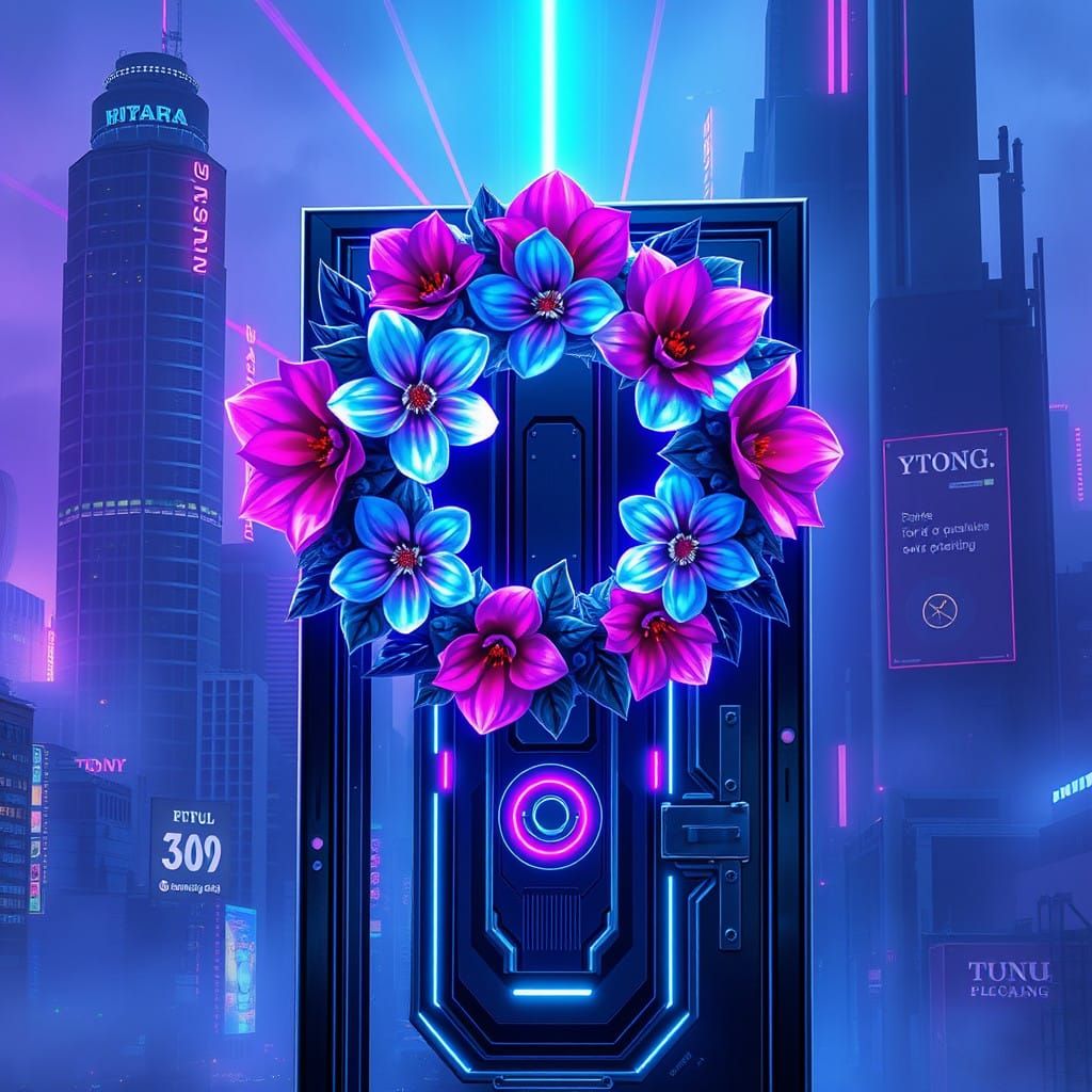 Cyberpunk Wreath in Dystopian Cityscape