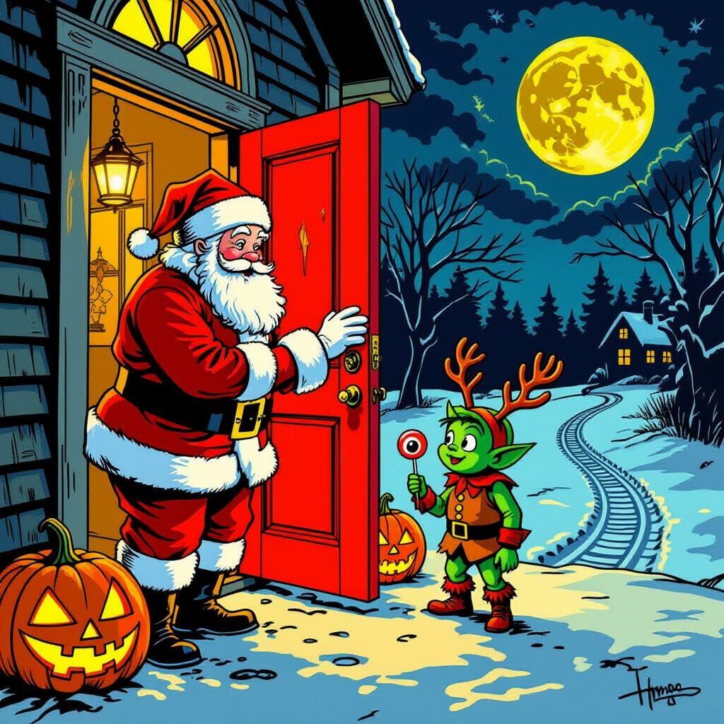 Santa Meets Goblin at Pumpkin Door in Retro Comic Style