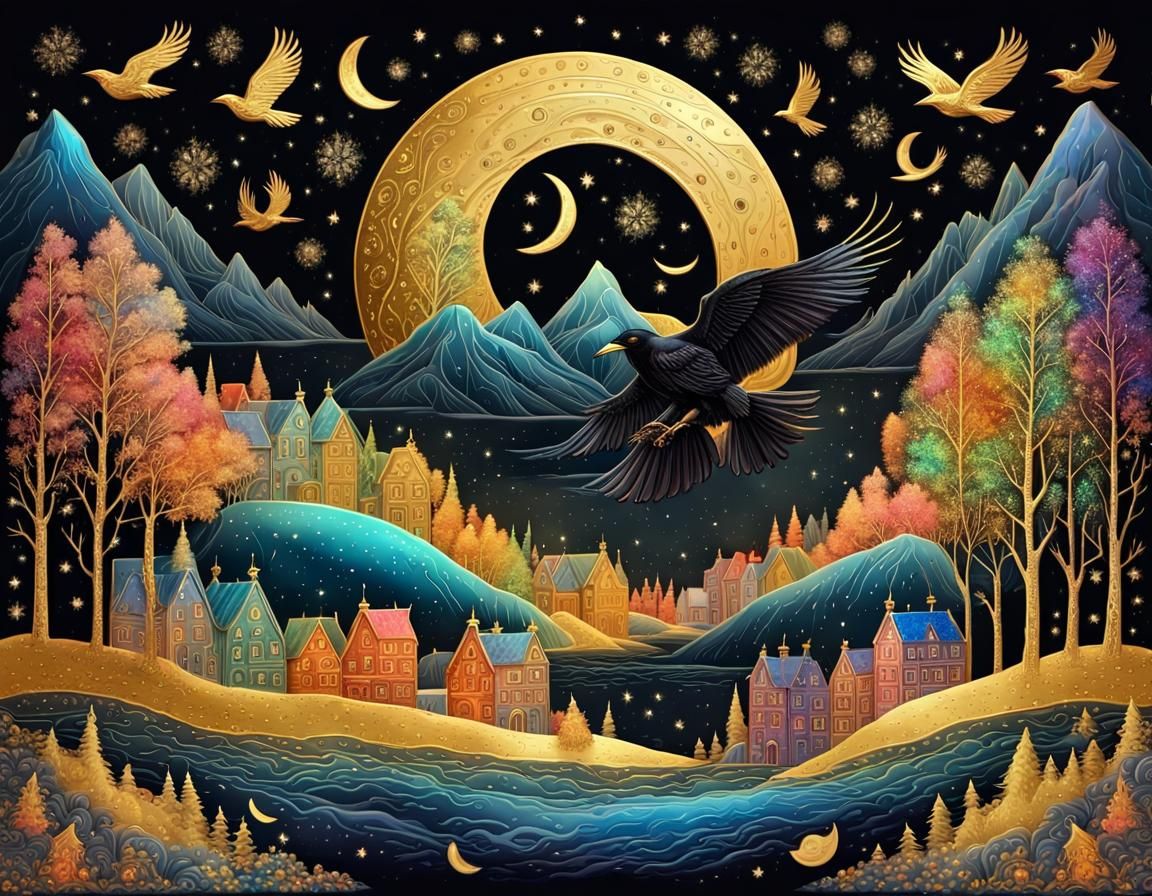 Crystal Moon Over Forest in Palekh Style