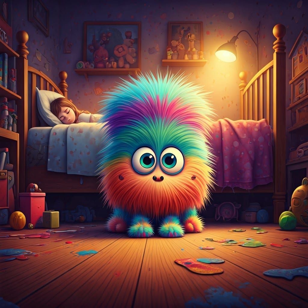 Rainbow Sock Creature Hiding Under Bed, Pixar Style