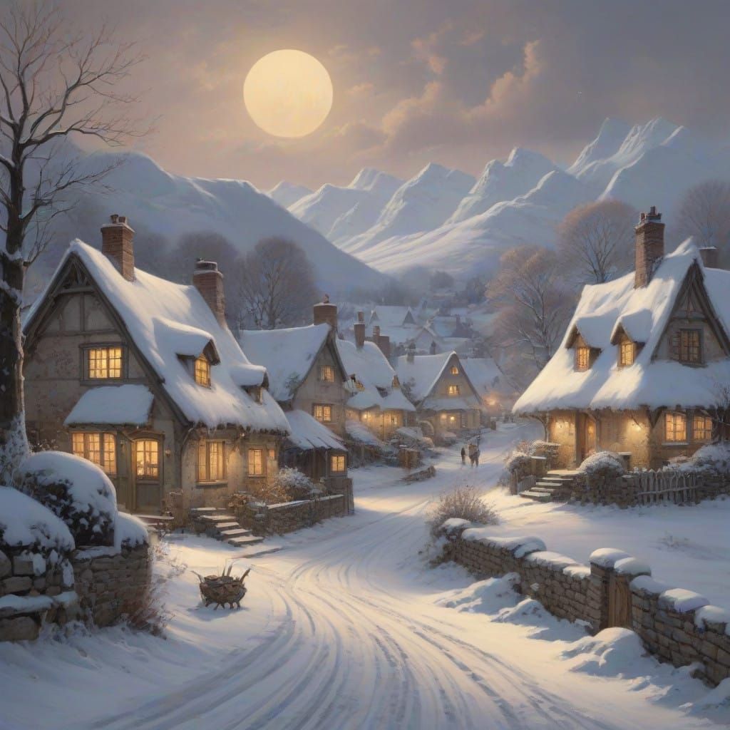 Whimsical Winter Village Scene in Arthur Rackham Style