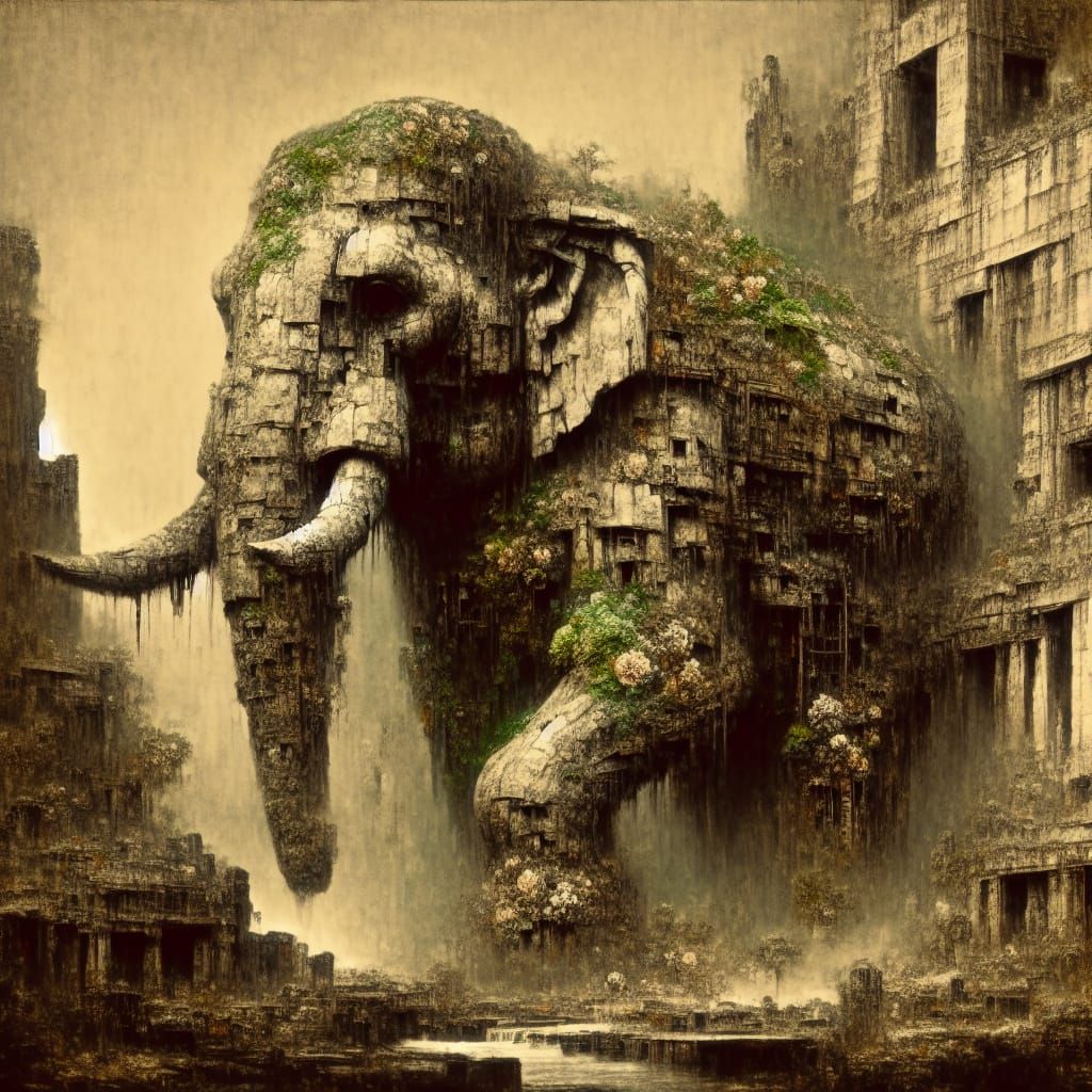 Stone Elephant Walks Through Ancient Ruins