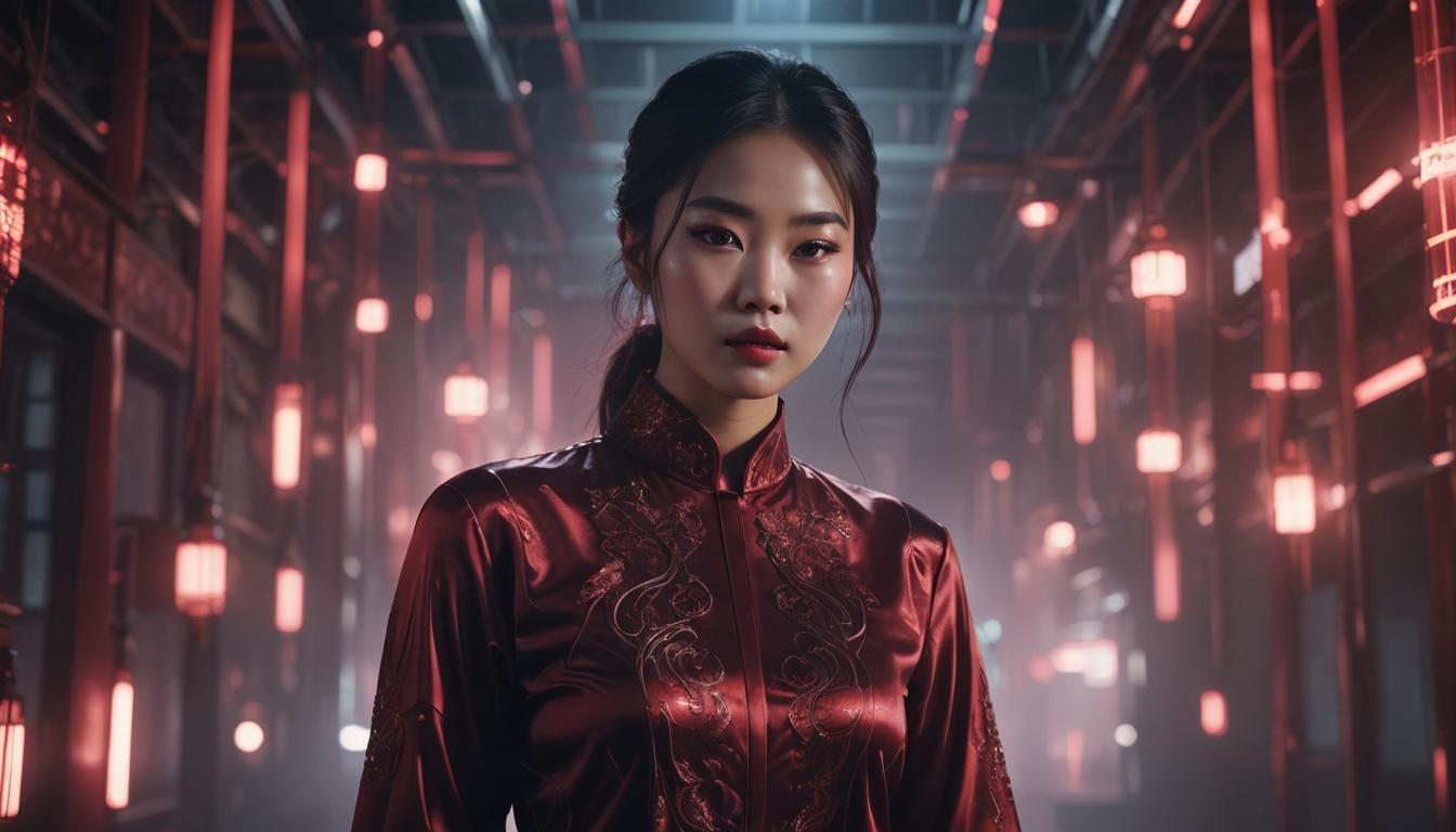 Dreamy Chinese Girl in Futuristic Dark Red Blouse