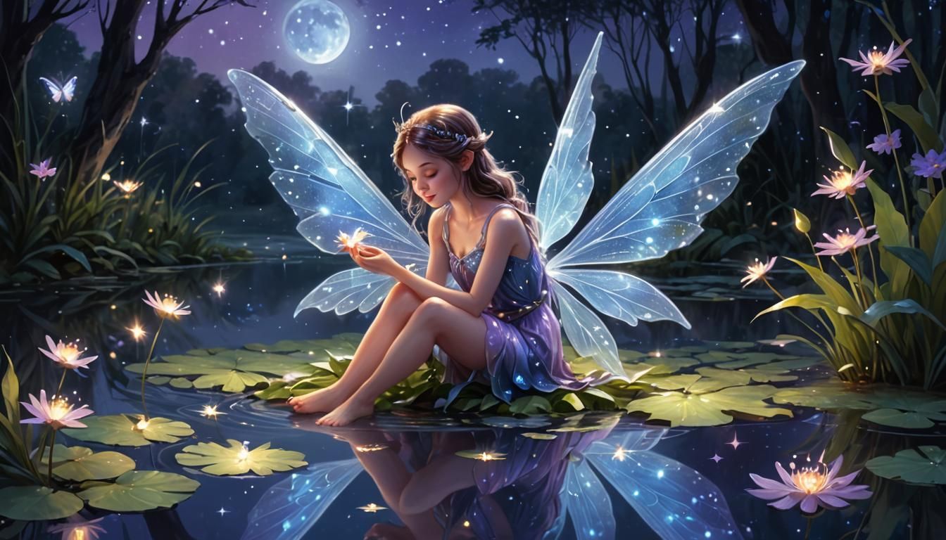 Fairy Gazing at Reflection in Moonlit Comic Book Style