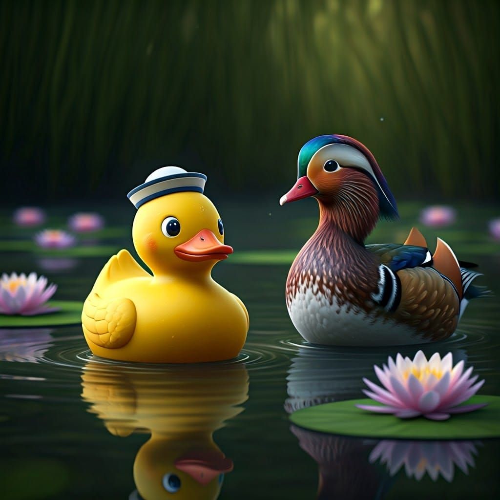Vibrant Yellow Rubber Duck in Whimsical Pond Scene