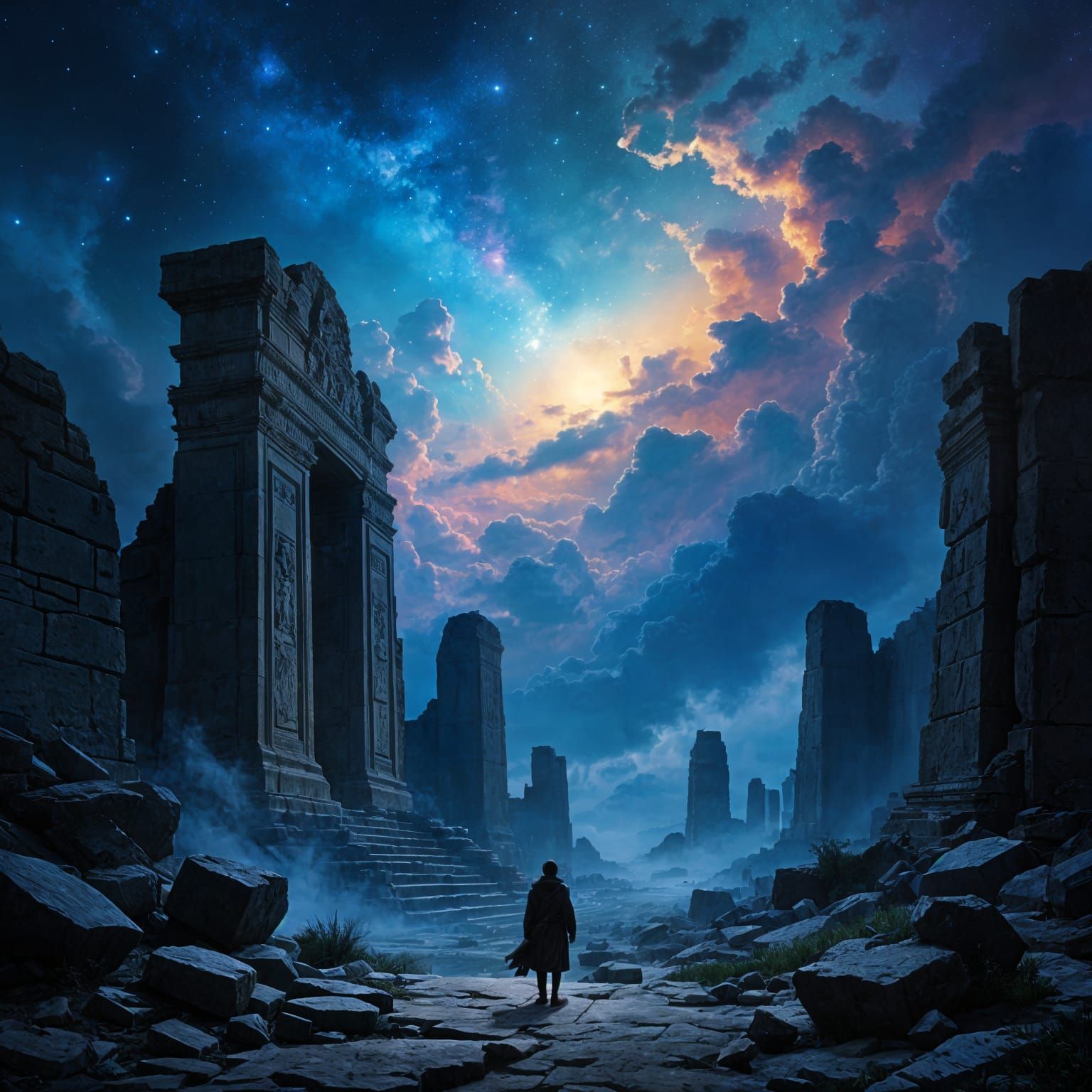 Traveler Before Cosmic Ruins in Oil Painting Style