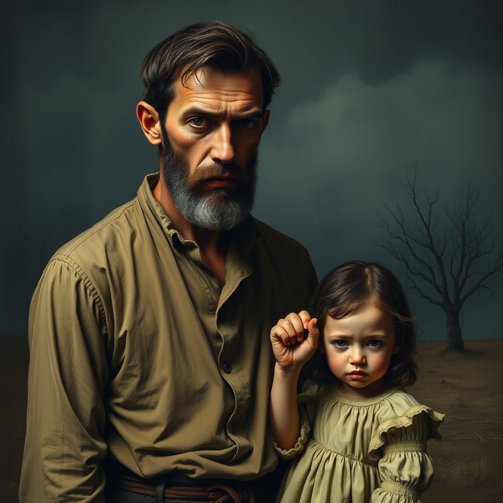 Man in Tattered Wedding Attire Holds Hand of Pale Child in D...