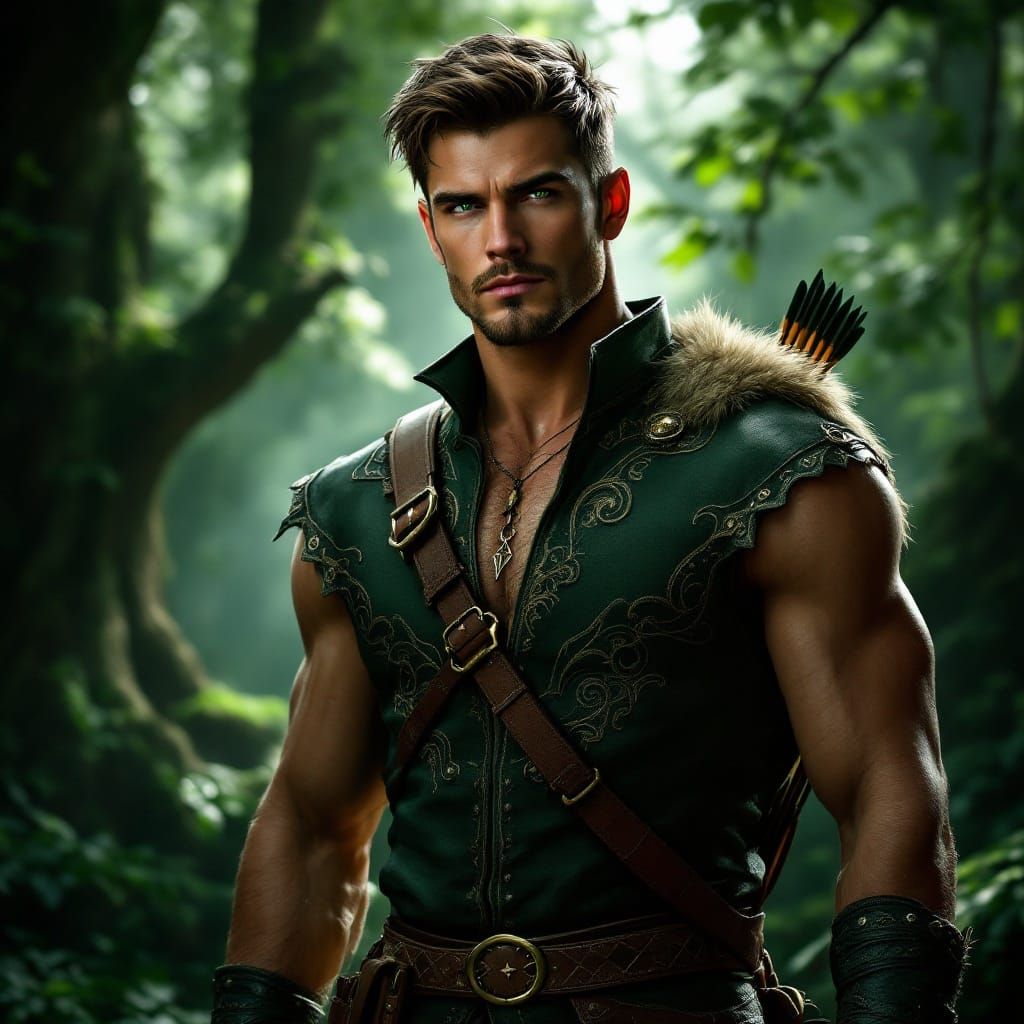 Chiseled Archer Poses in Whimsical Forest