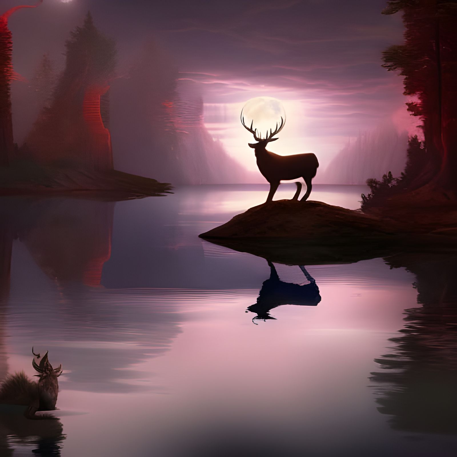 Stag by Lake: Fantastical Matte Painting in Deep Color