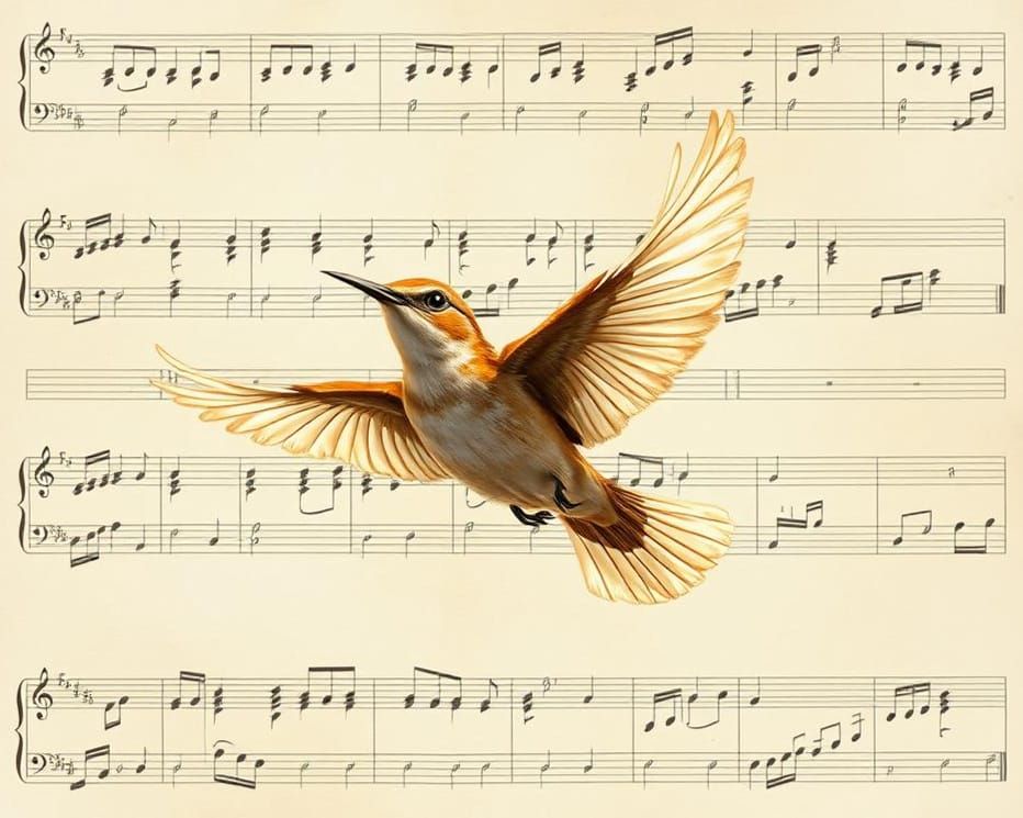 Songbird in Flight Over Musical Parchment