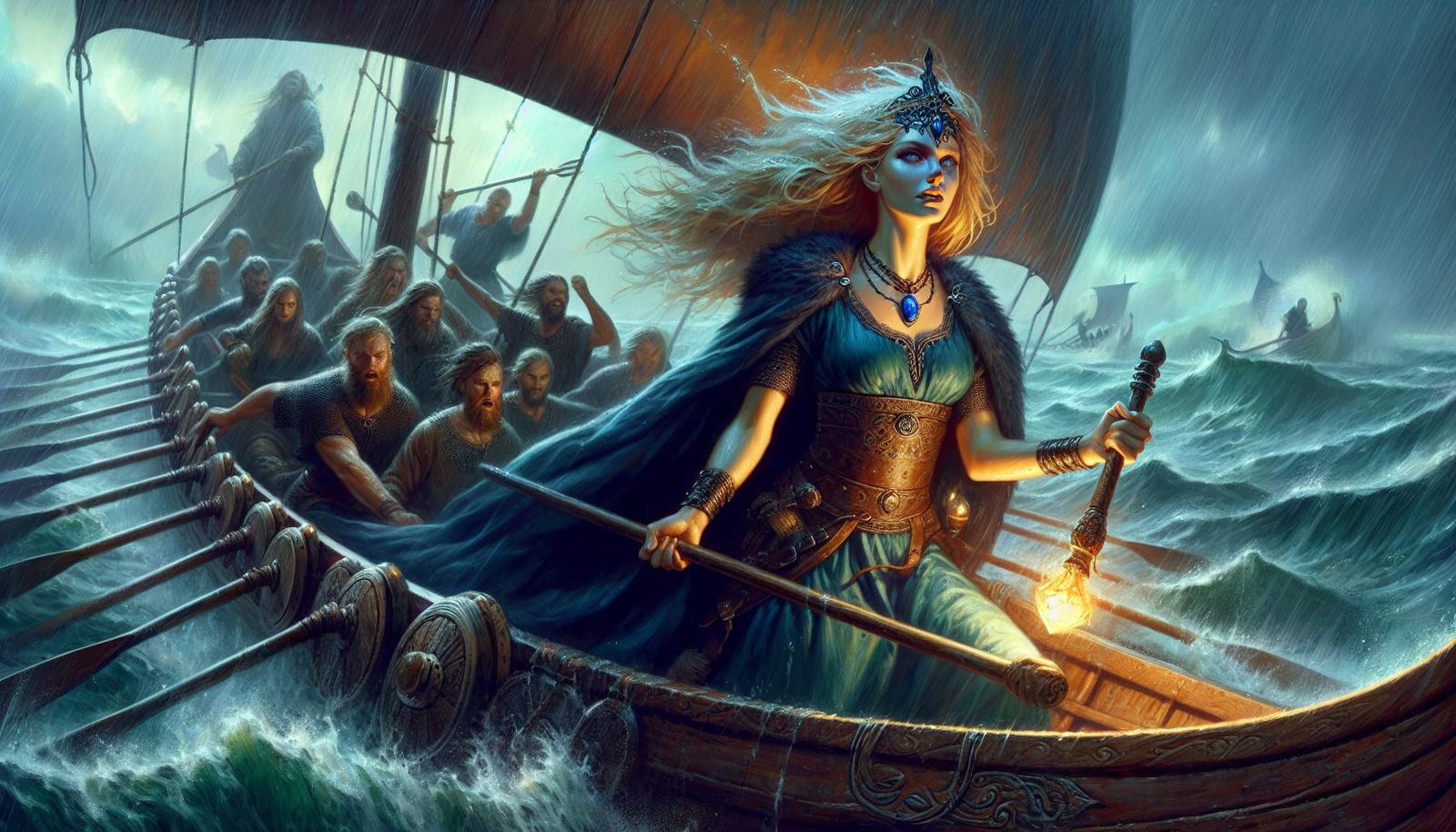 Viking Goddess Triumphs in Stormy Seascape, Oil Painting Sty...