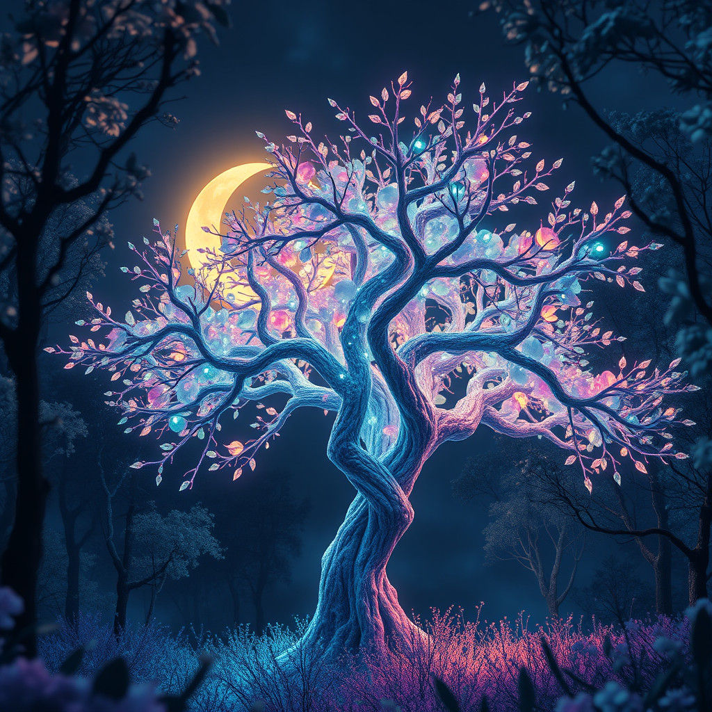Ethereal Tree in Iridescent Forest, Digital Art