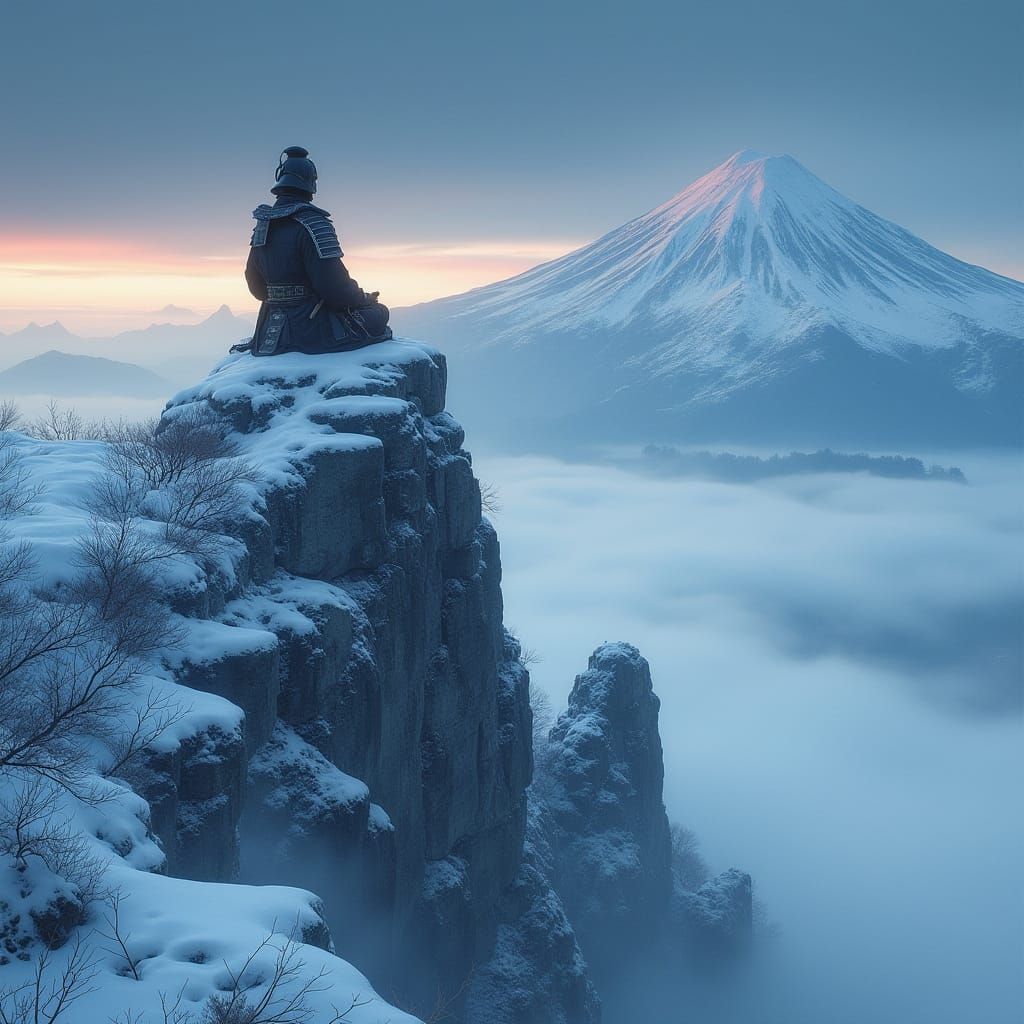 Samurai Meditating on Snowy Peak in Ink Wash Style