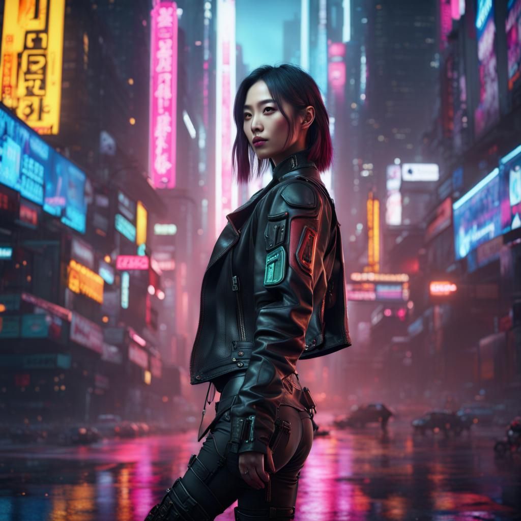 Cyberpunk Woman in Neon City, Detailed Matte Painting