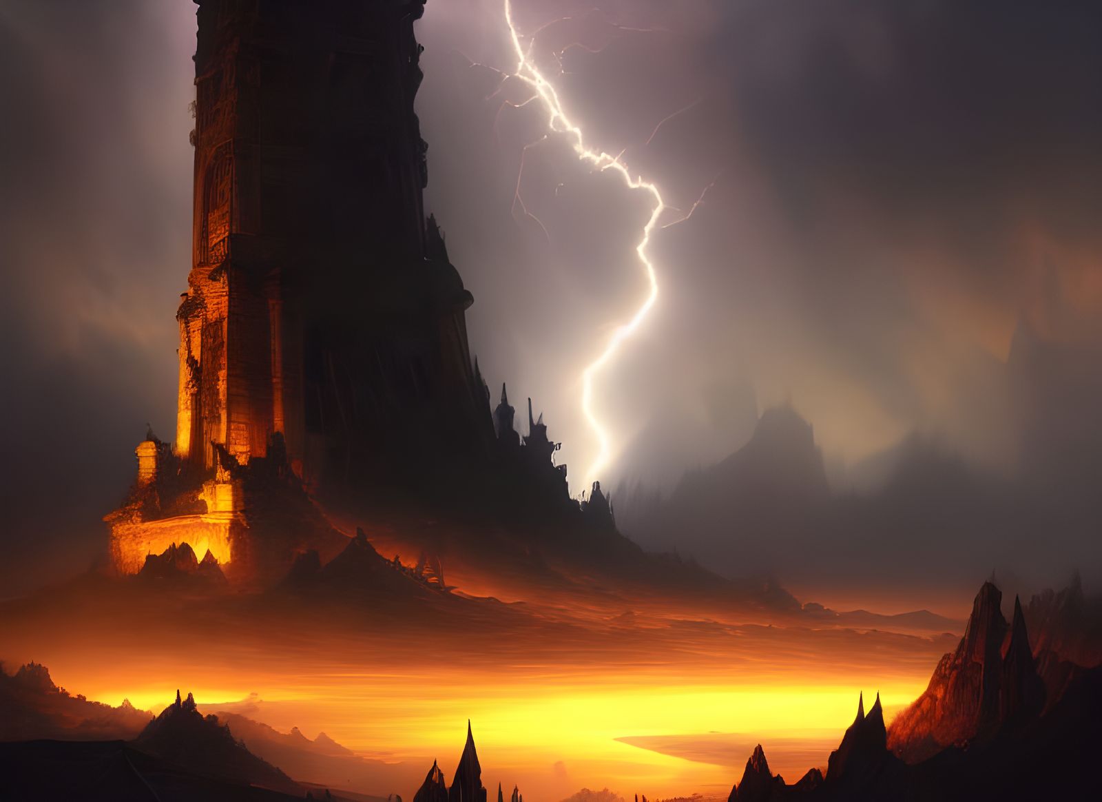 Crumbling Tower in Dark Fantasy Landscape