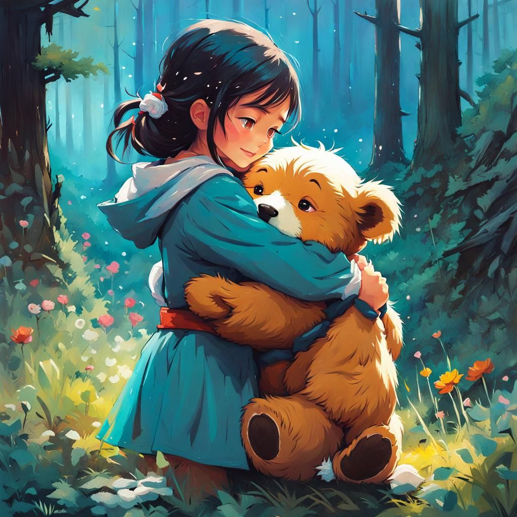 Princess Hugging Teddy Bear in Gouache Style