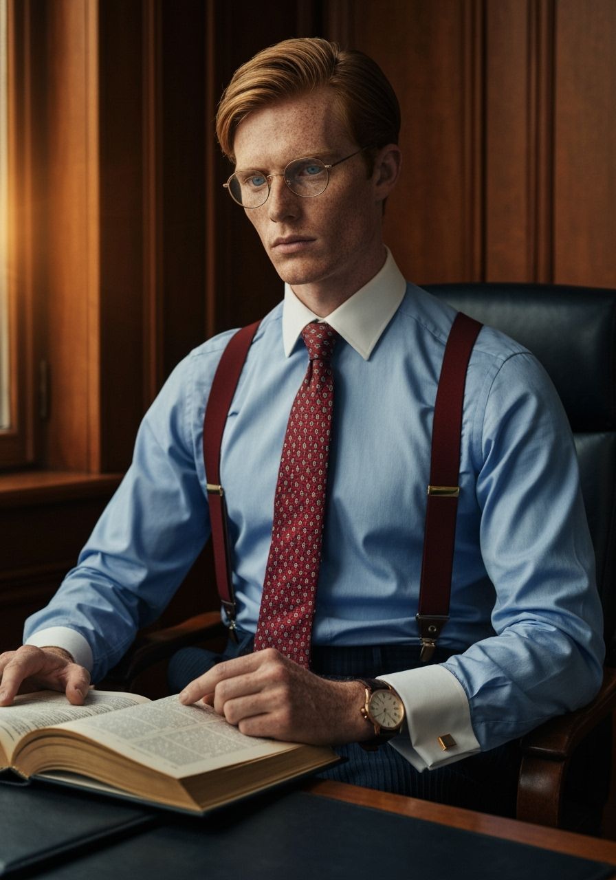 Ginger Lawyer Reading Law Book in Wood-Paneled Office