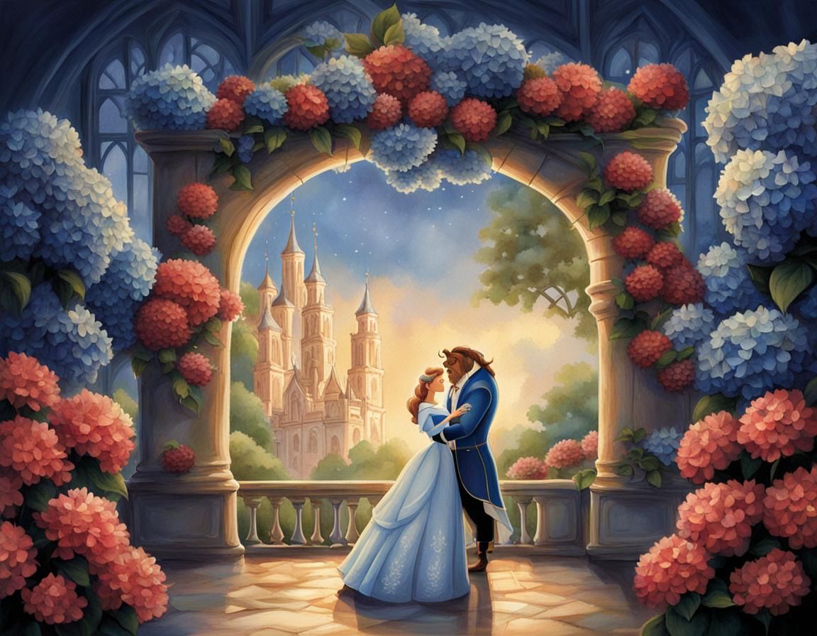 Beauty and the Beast Anniversary Card with Hydrangeas