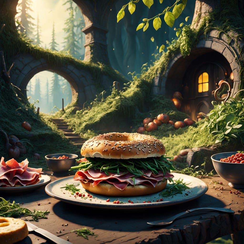 Surreal Breakfast Scene with Bagel and Prosciutto in Whimsic...