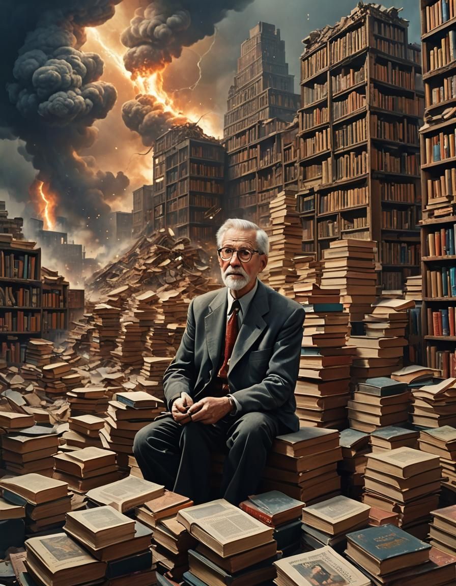 Happy Bibliophile Finds Solace in Ruins of a Cyberpunk Libra...