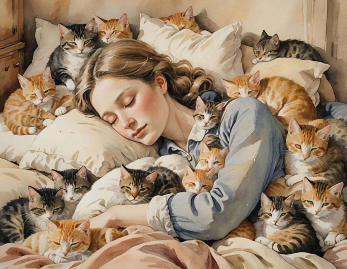 Woman Sleeping with Kittens in Whimsical Watercolour Style