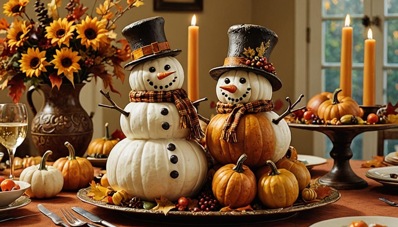 Festive Thanksgiving Gourd Snowman Still Life