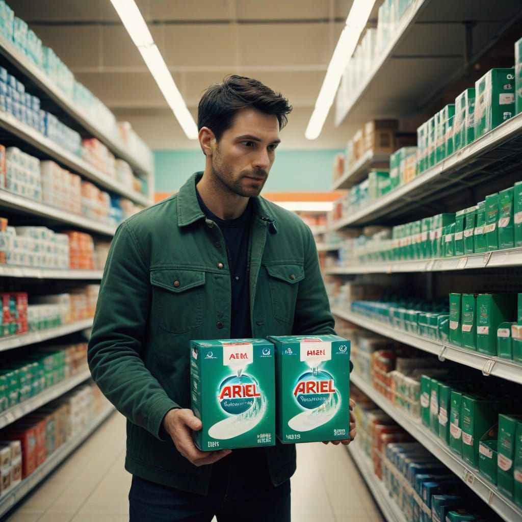 Man Stocks Shelves with Ariel Washing Powder in a Vibrant Su...
