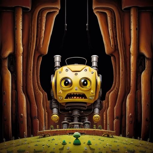 Robot on a Hill in Pop Surrealist Style