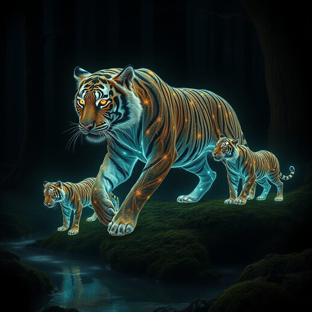 Mystical Tiger and Cubs in Dreamlike Forest