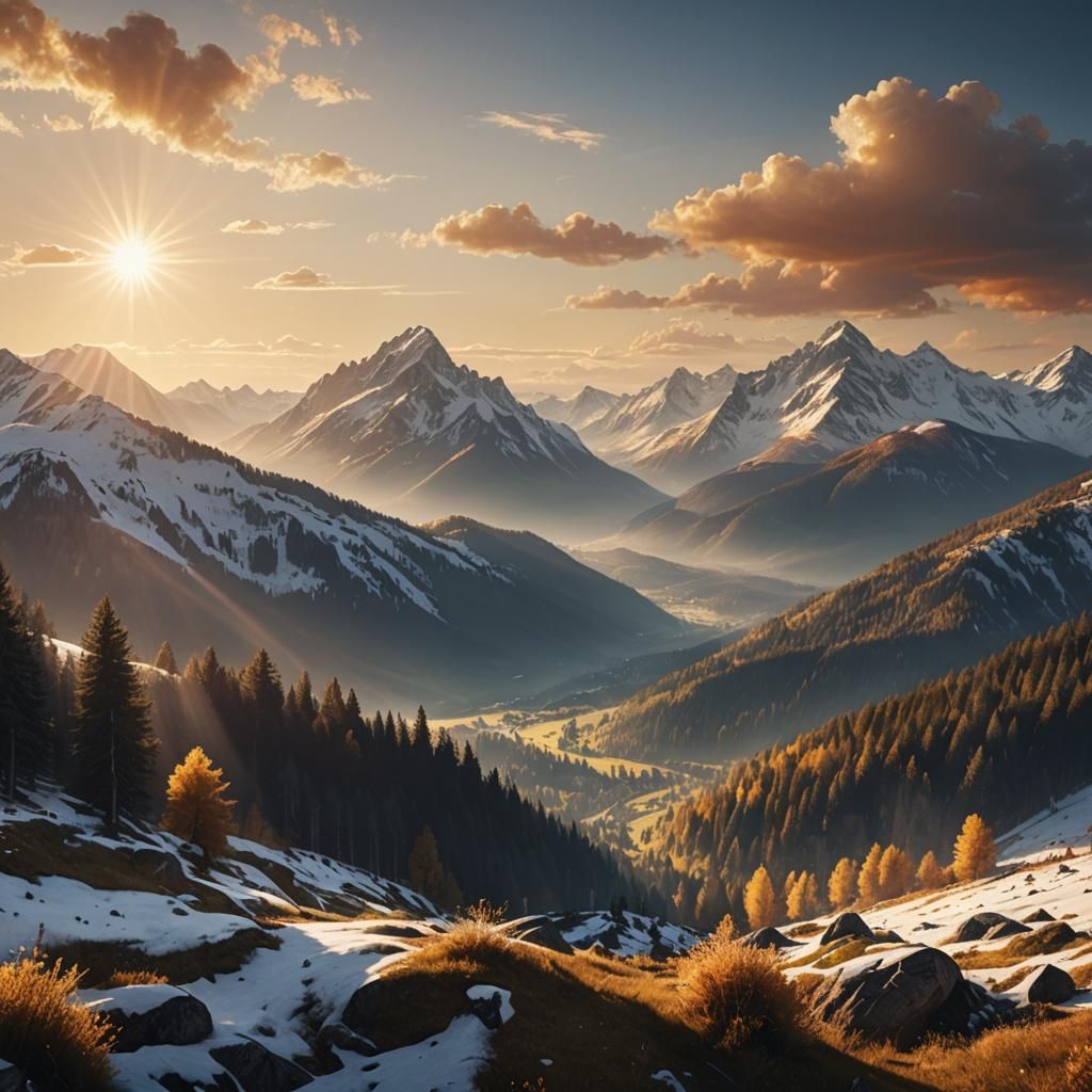 Dramatic Mountain Landscape in Golden Light: Photorealistic ...