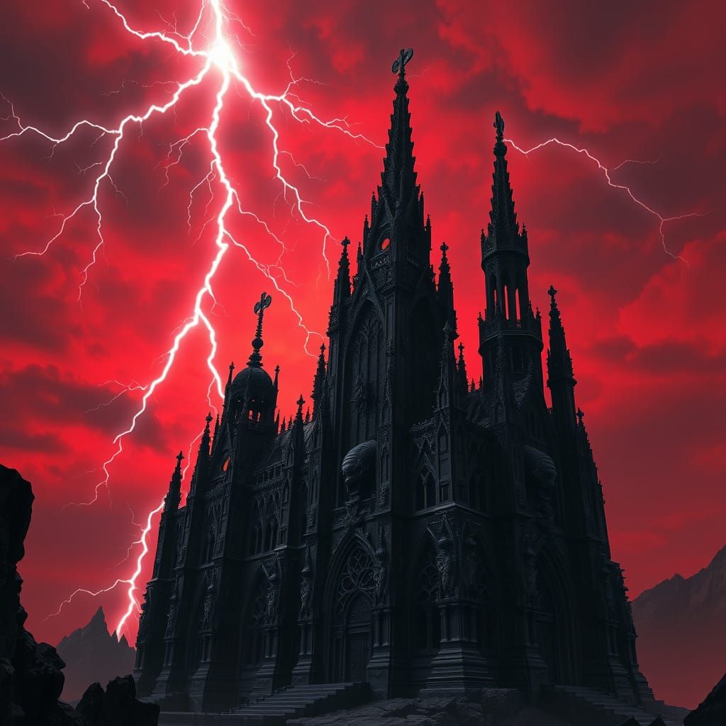 Obsidian Gothic Cathedral Against Blood-Red Sky