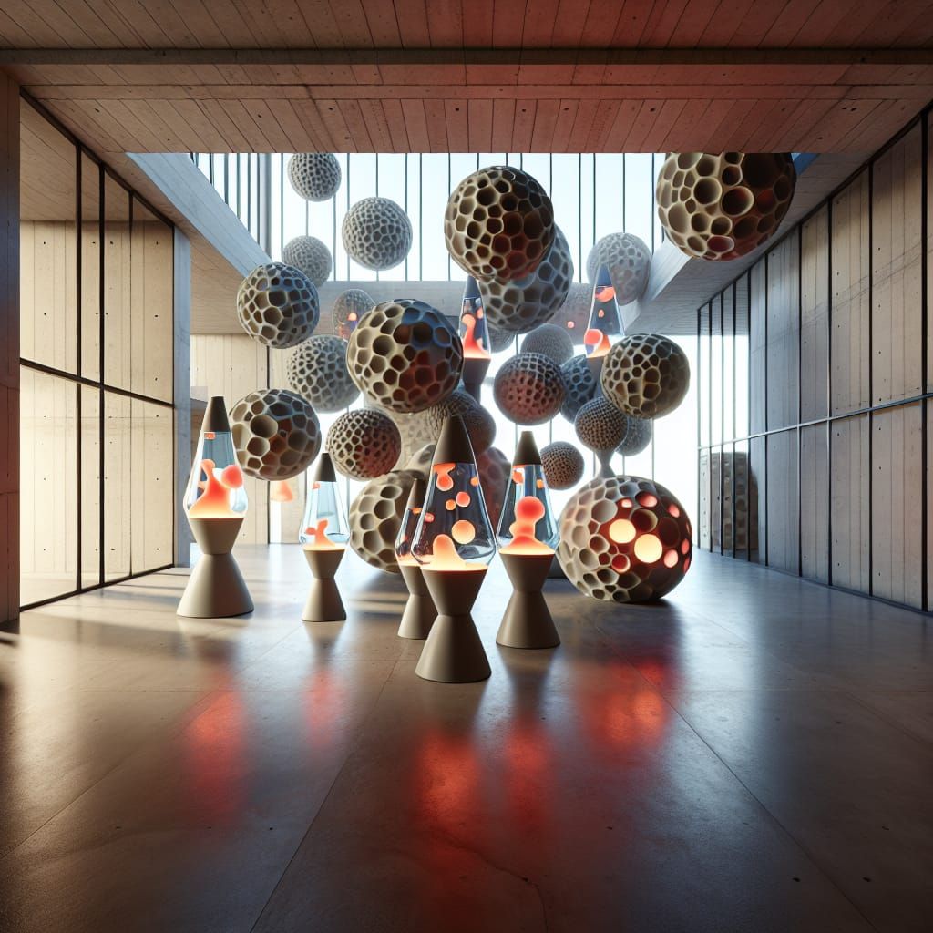 Floating Concrete Bubbles in Mid-Century Modern Living Space