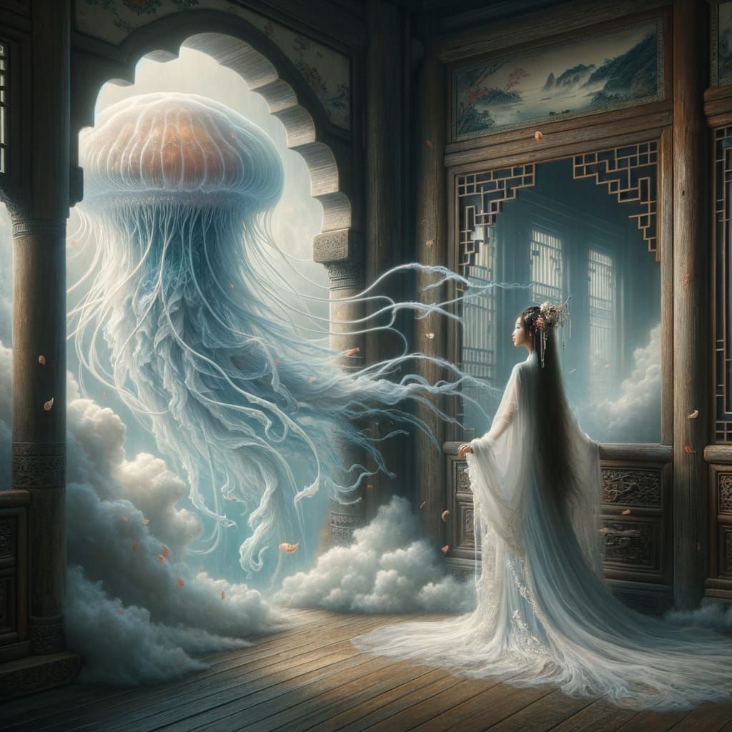 Ethereal Friendship: Chinese Woman and Jellyfish Spirit
