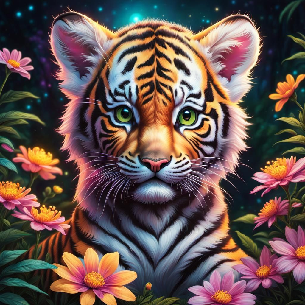 Neon Cosmos Flowers and Baby Tiger Cub
