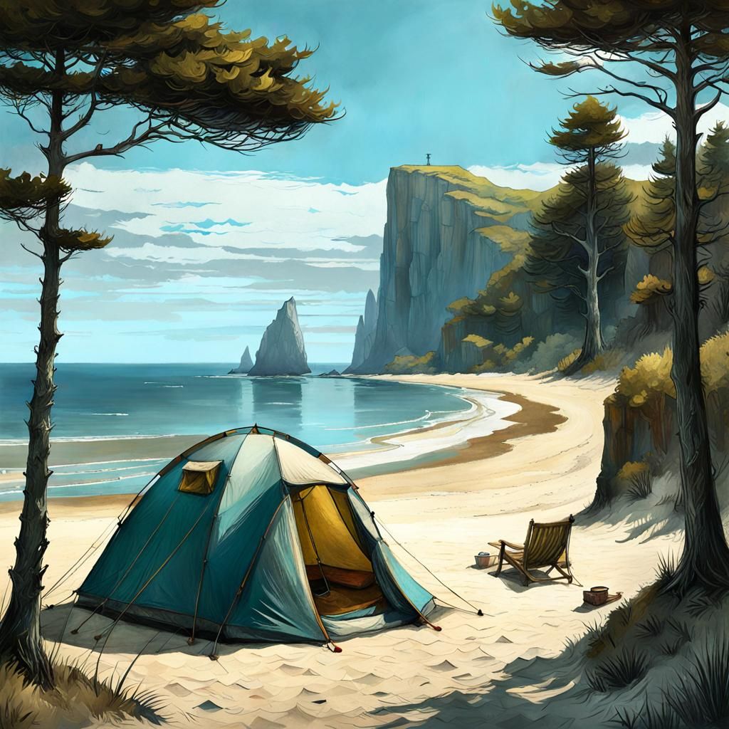 Beachside Camping in Hyperrealistic Style