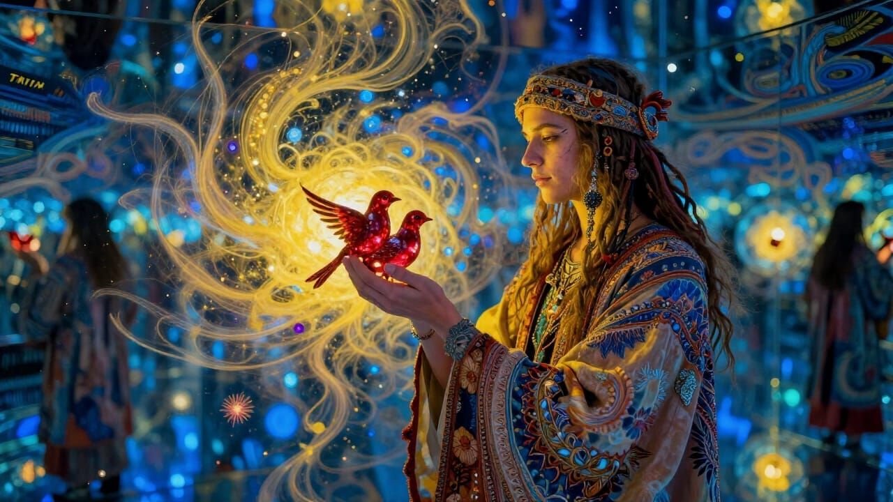 Cosmic Surrealism: Hippie with Ruby Birds in Mirrored Room