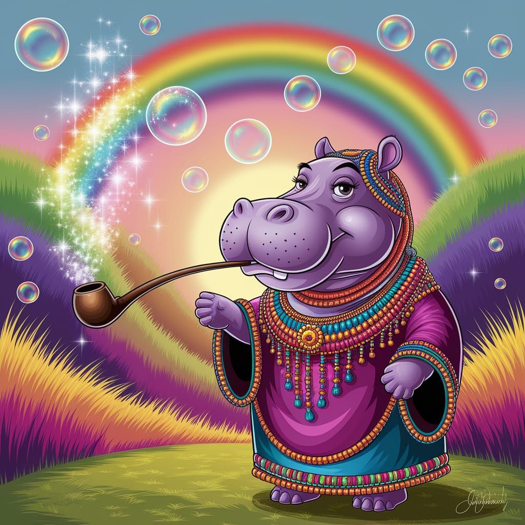 Whimsical Hippo Smoking Pipe in Vibrant Digital Art