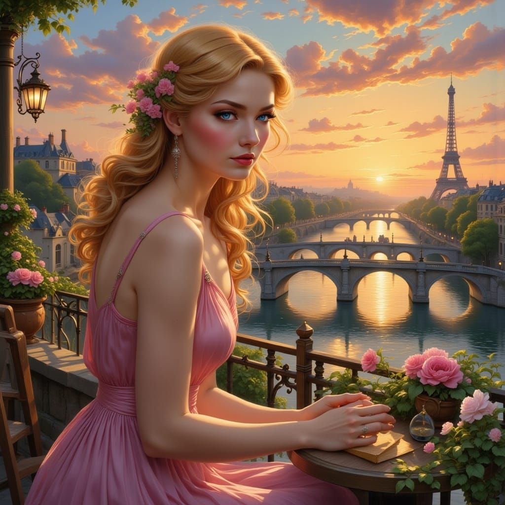 Parisian Beauty at Sunset: Impressionist Oil Painting