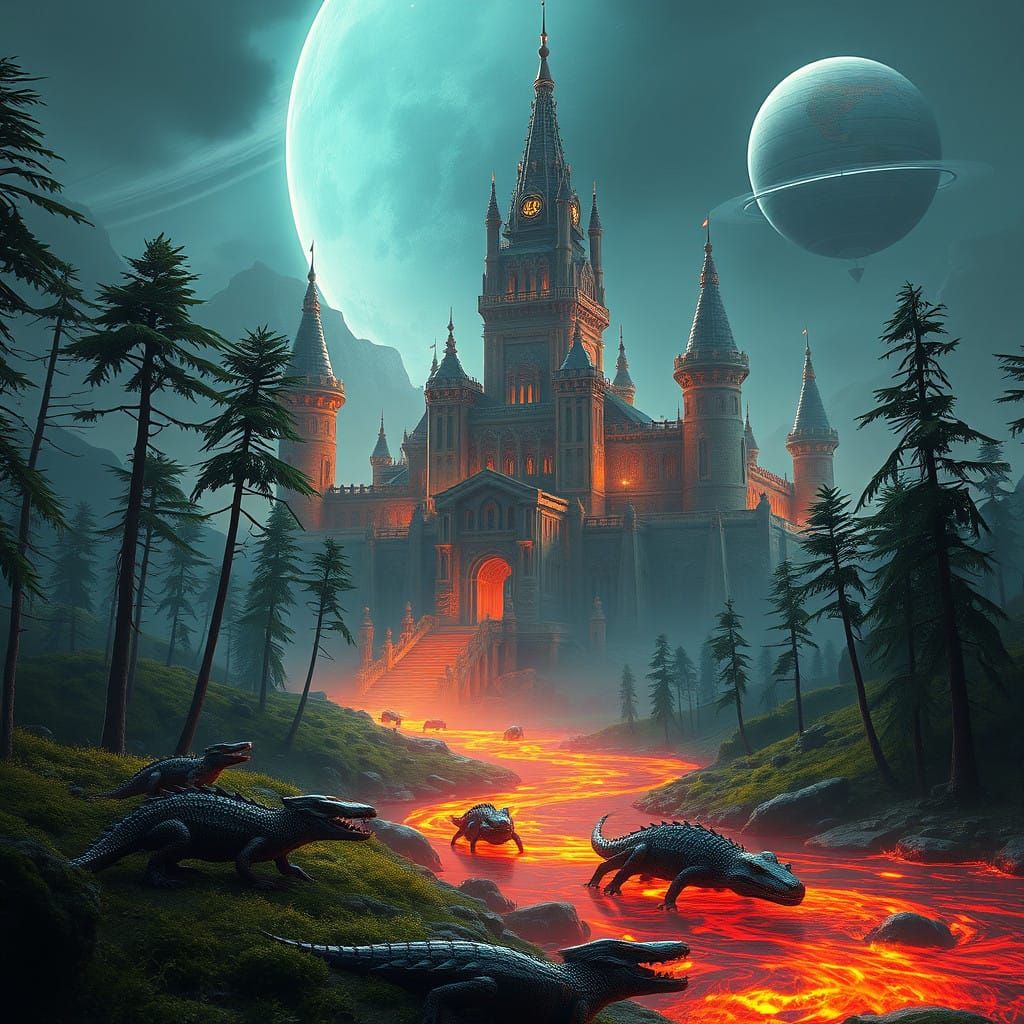 Ancient Alien Castle in Fern-Like Forest with Fiery River