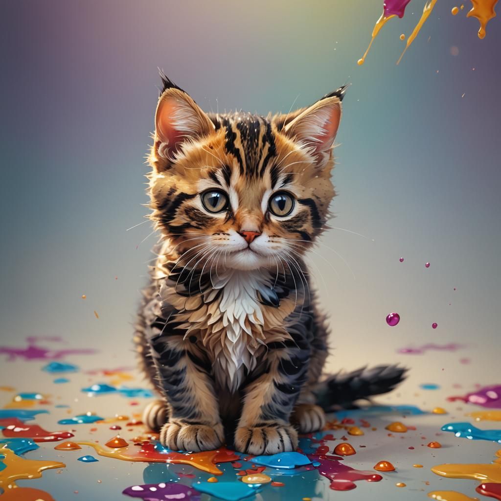 Hyperrealistic Adorable Kitten in Colorful Splash Art