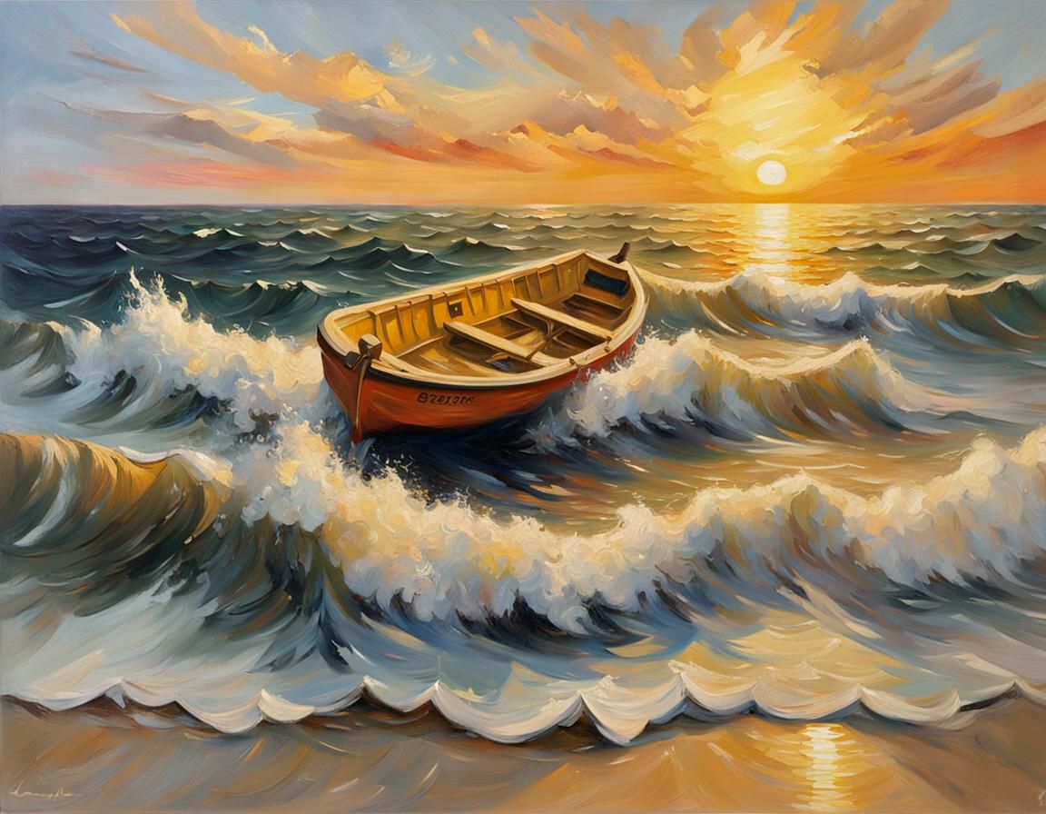 Golden Sunset over Serene Sea: Impressionist Oil Painting