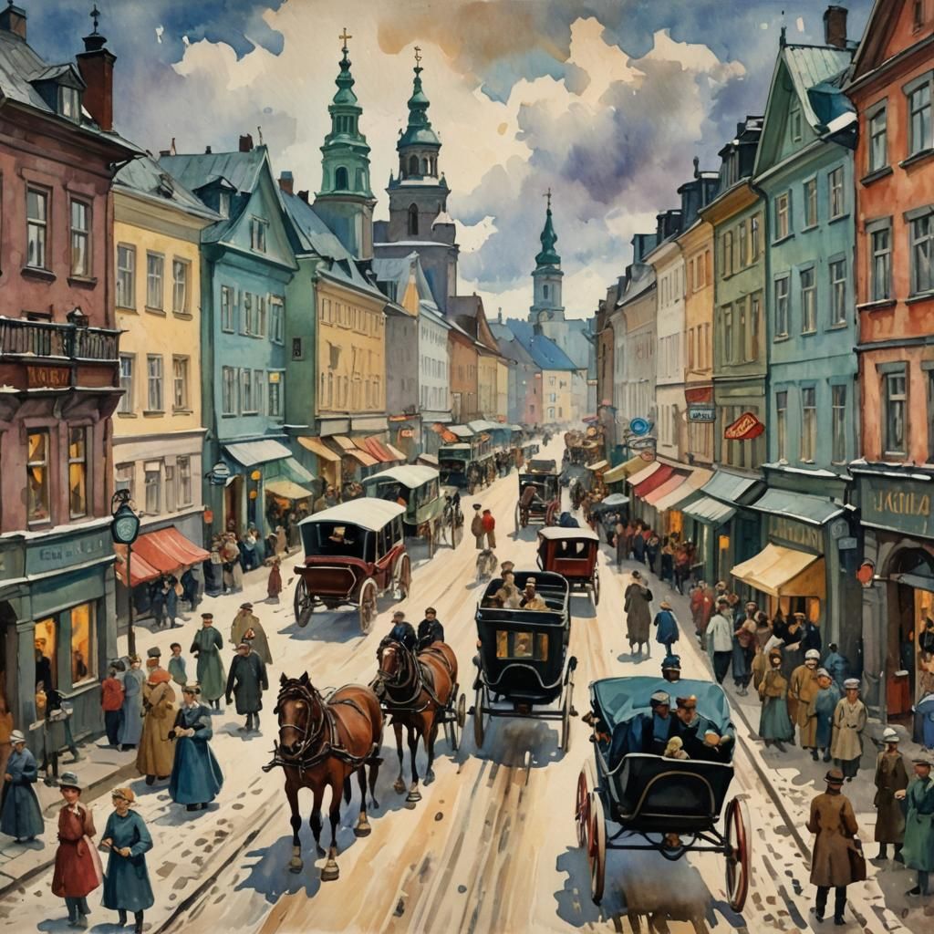 Finland Town 1910: Gouache Impressionist Masterpiece