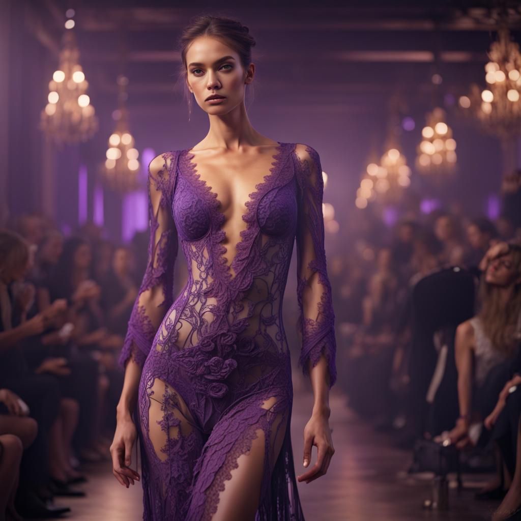 Model in Purple Lace Lingerie, Fashion Show Art