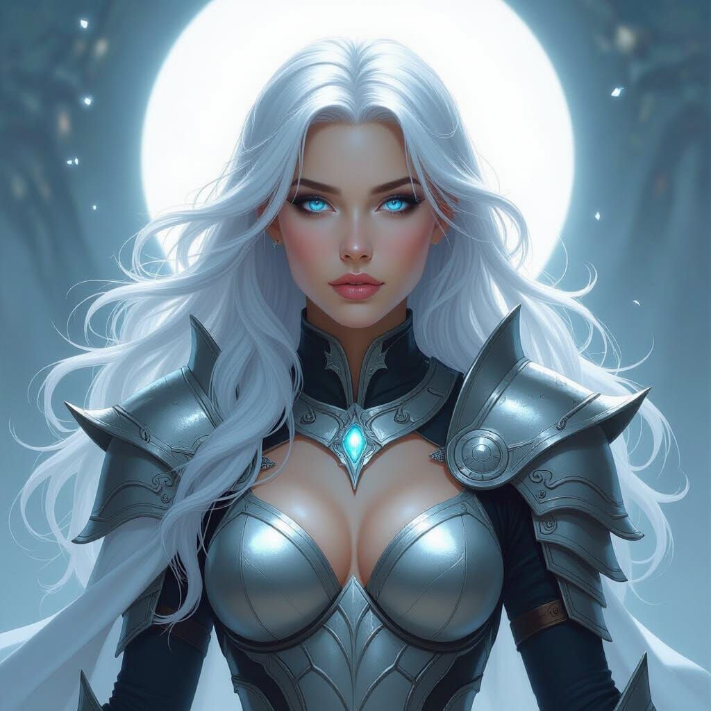 Divine Warrior Goddess with Silver Hair and Blue Eyes