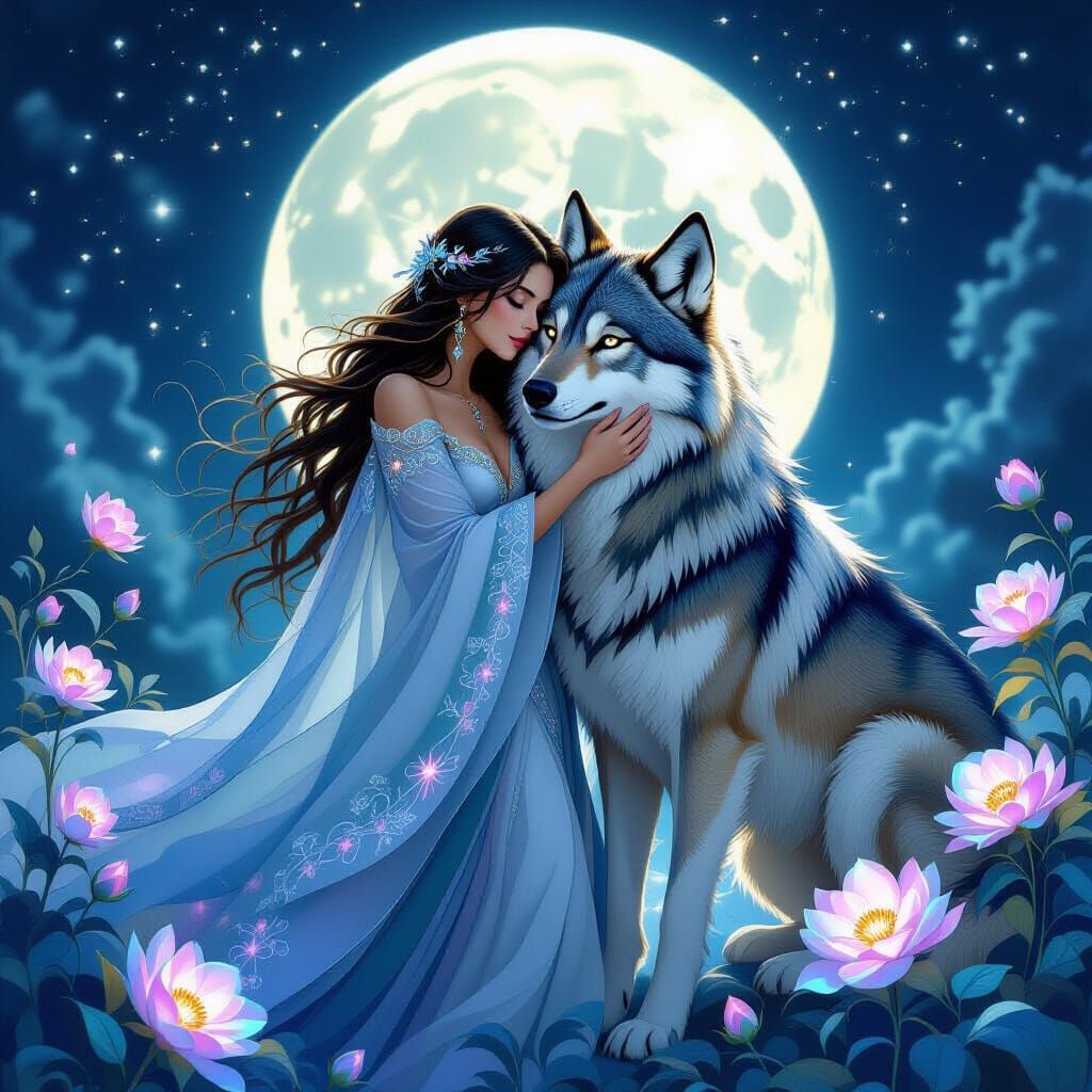 Witch and Direwolf Embrace Under Moonlight