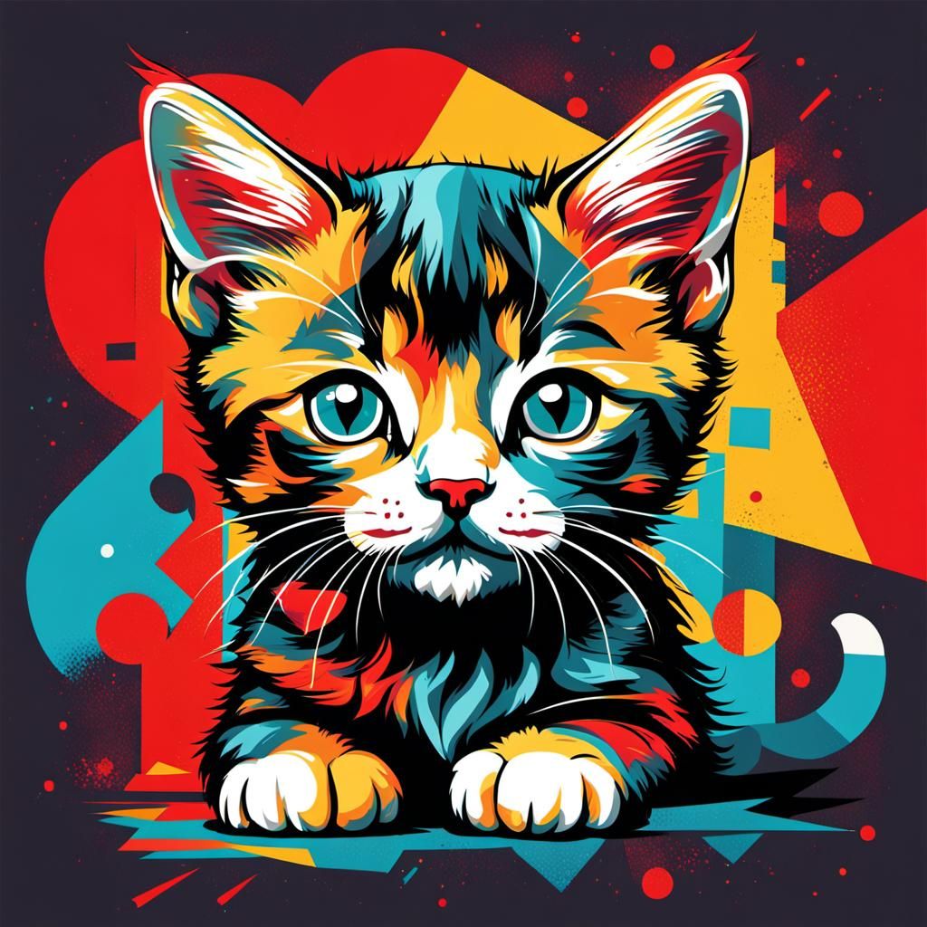 Cute Kitten "Terror" in Geometric Pop Art
